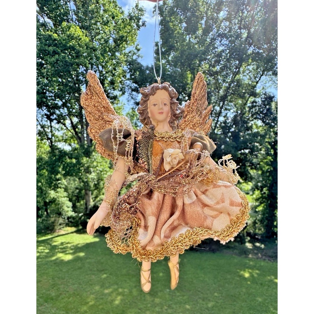 Vintage Angel Christmas Ornament‎ Victorian Fairy Gold Glitter Wings Fabric 7.5"